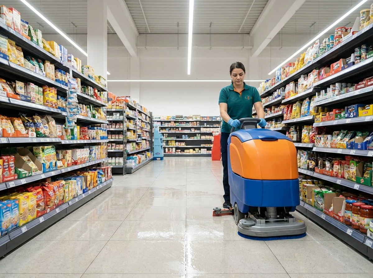 Bodenreinigung eines Supermarktes mit Scheuersaugmaschine